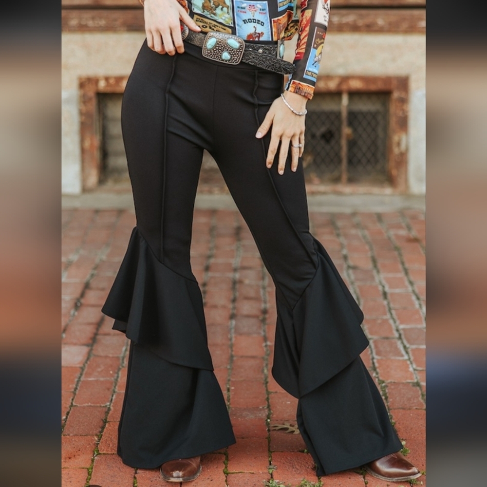NWT M Lucky And Blessed Black flare Bell stretch pants with ruffle bottoms